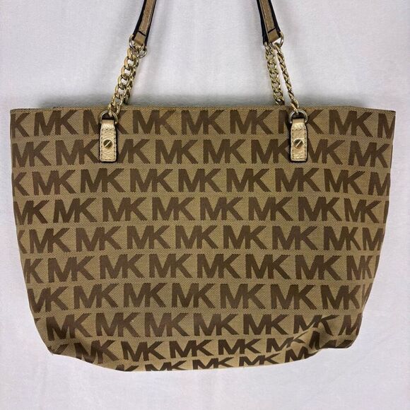 Michael Kors Brown Monogram Large Shoulder Purse with Gold Straps - Picture 2 of 13